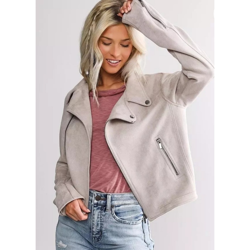 Shinestar Faux Suede Cream Asymmetrical Zip Front Motor Jacket